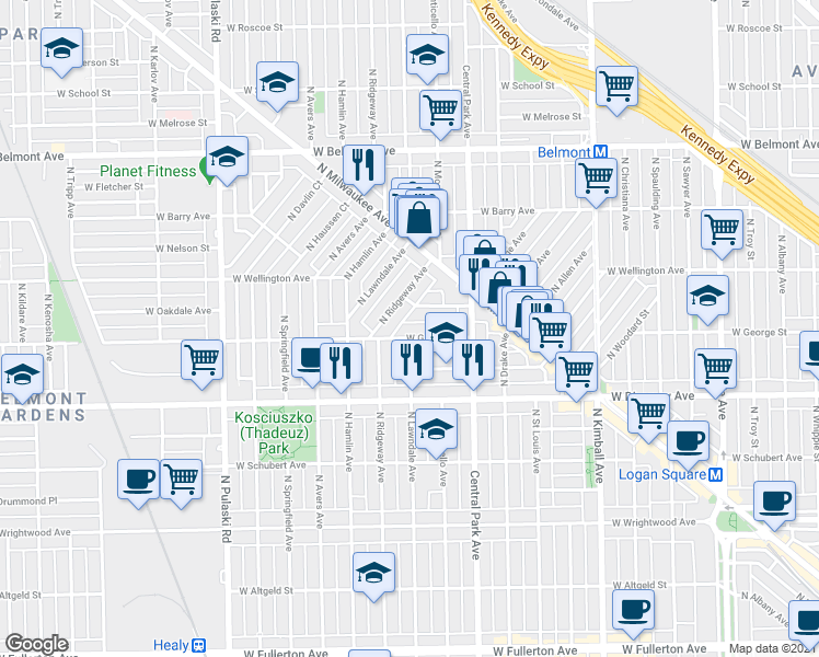 map of restaurants, bars, coffee shops, grocery stores, and more near 3662 West George Street in Chicago