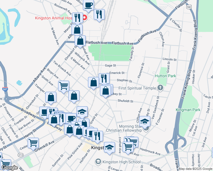 map of restaurants, bars, coffee shops, grocery stores, and more near 15 Derrenbacher Street in Kingston