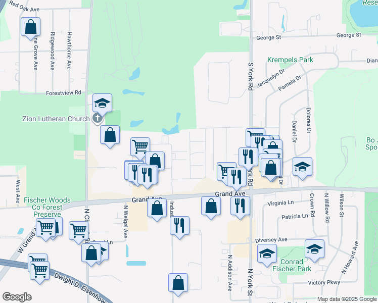 map of restaurants, bars, coffee shops, grocery stores, and more near 18 Ferrari Drive in Bensenville