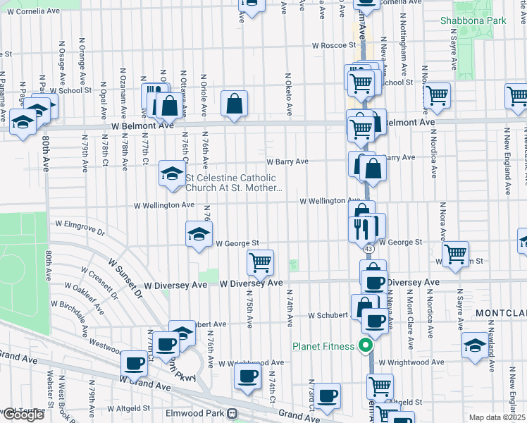 map of restaurants, bars, coffee shops, grocery stores, and more near 2936 North 74th Court in Elmwood Park