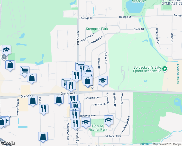 map of restaurants, bars, coffee shops, grocery stores, and more near 1046 David Drive in Bensenville
