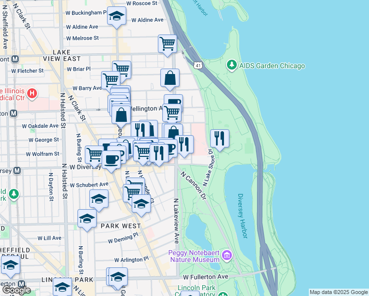 map of restaurants, bars, coffee shops, grocery stores, and more near 2845 North Sheridan Road in Chicago