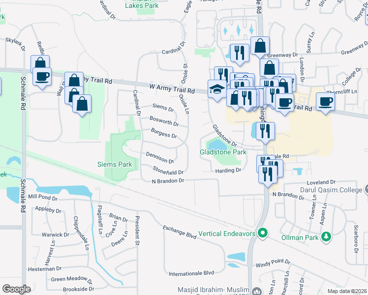 map of restaurants, bars, coffee shops, grocery stores, and more near 75 Dennison Drive in Glendale Heights