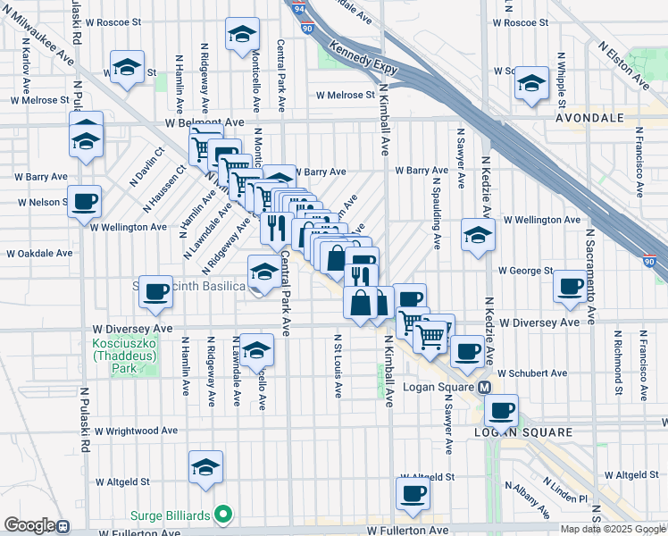 map of restaurants, bars, coffee shops, grocery stores, and more near 2931 North Milwaukee Avenue in Chicago