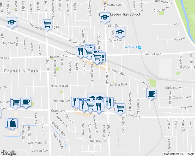 map of restaurants, bars, coffee shops, grocery stores, and more near 3024 Gustav Street in Franklin Park