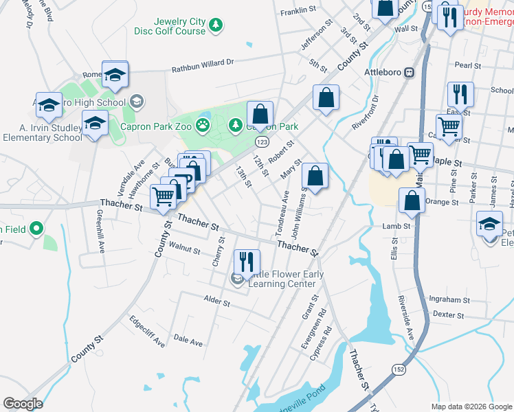 map of restaurants, bars, coffee shops, grocery stores, and more near 48 Intervale Avenue in Attleboro