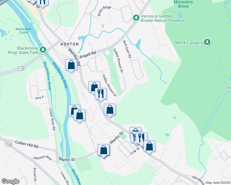 map of restaurants, bars, coffee shops, grocery stores, and more near 33 Barway Lane in Cumberland