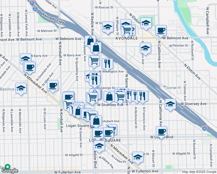 map of restaurants, bars, coffee shops, grocery stores, and more near 2900 North Albany Avenue in Chicago