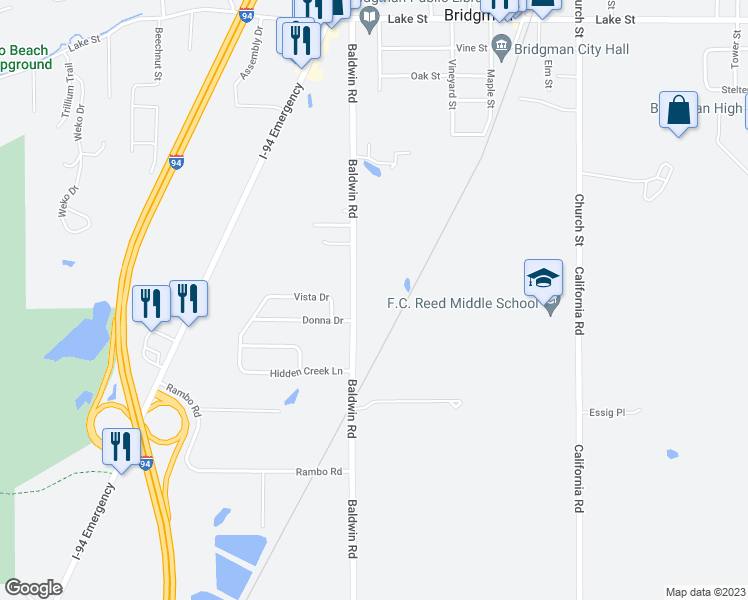map of restaurants, bars, coffee shops, grocery stores, and more near 10207 Baldwin Road in Bridgman
