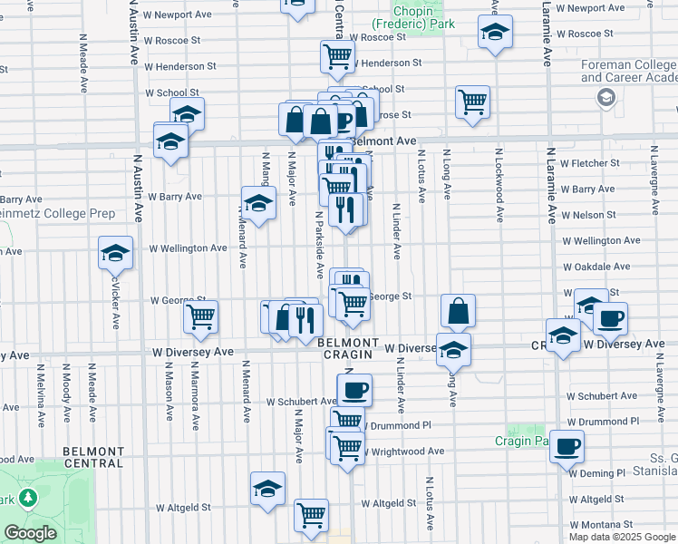 map of restaurants, bars, coffee shops, grocery stores, and more near 2918 North Central Avenue in Chicago