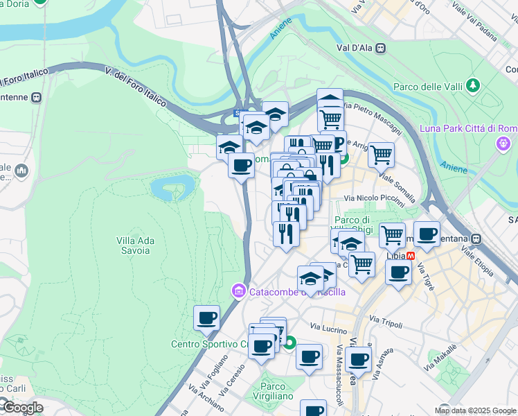 map of restaurants, bars, coffee shops, grocery stores, and more near 21 Via Nerola in Roma