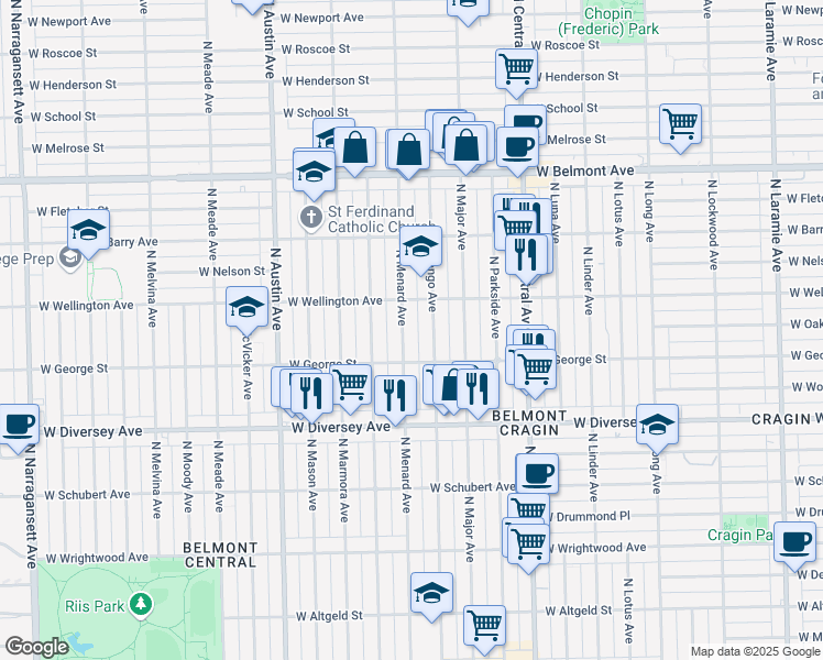 map of restaurants, bars, coffee shops, grocery stores, and more near 2931 North Menard Avenue in Chicago