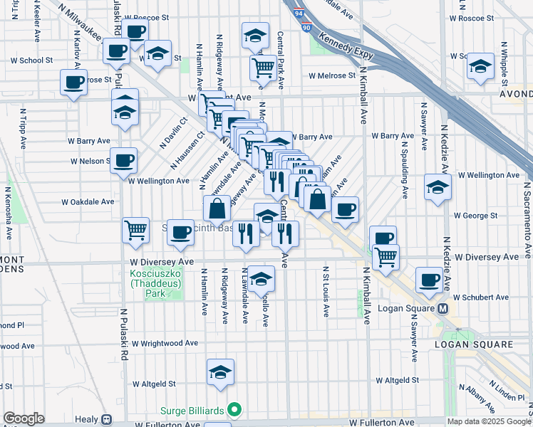 map of restaurants, bars, coffee shops, grocery stores, and more near 3630 West George Street in Chicago