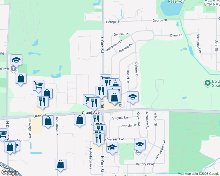 map of restaurants, bars, coffee shops, grocery stores, and more near 1045 South York Road in Bensenville