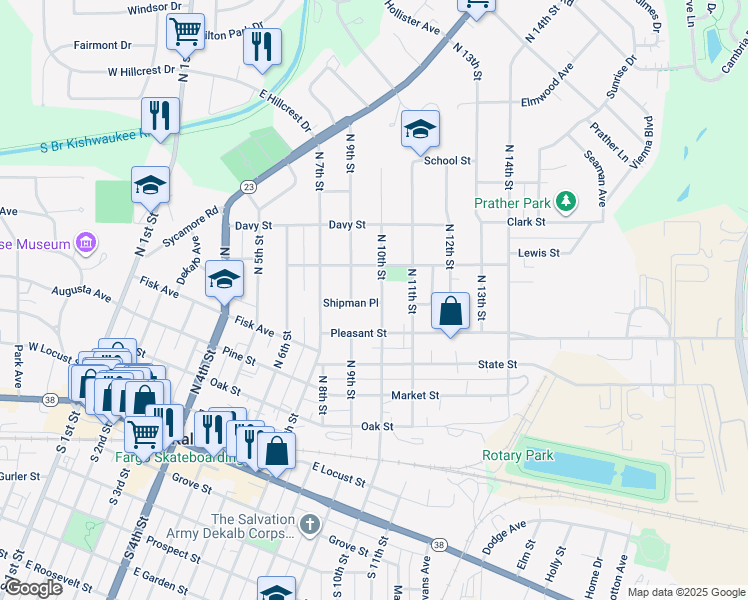 map of restaurants, bars, coffee shops, grocery stores, and more near 925 Shipman Place in DeKalb