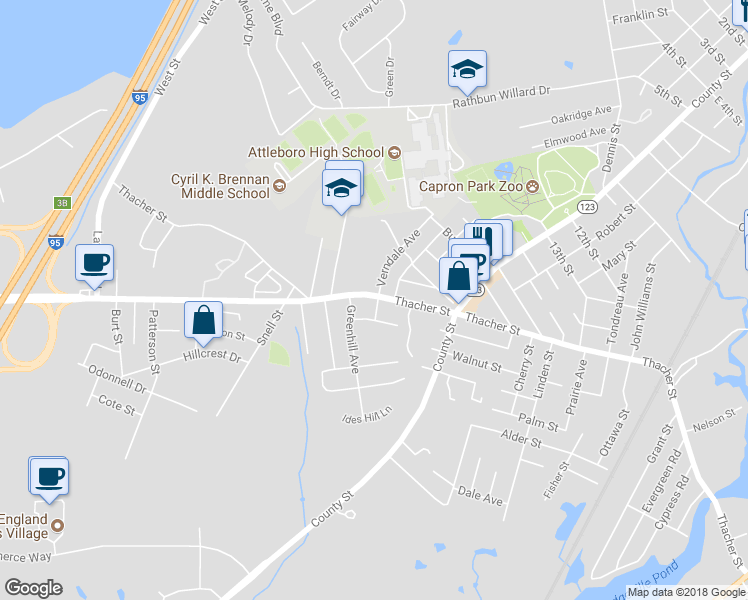 map of restaurants, bars, coffee shops, grocery stores, and more near 3 Primrose Lane in Attleboro
