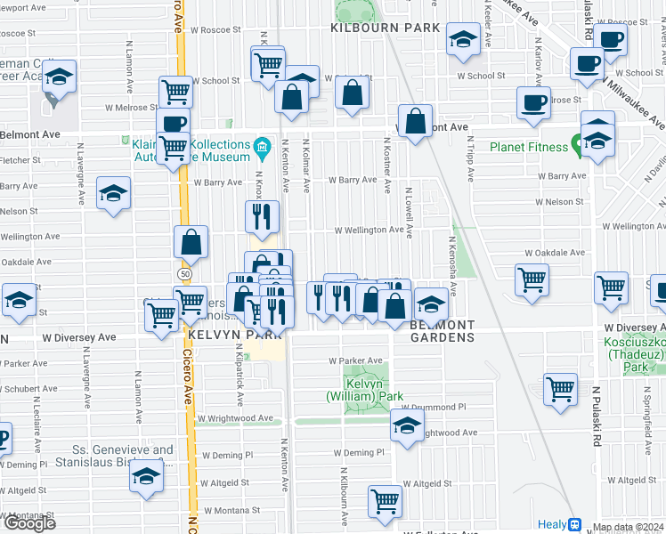 map of restaurants, bars, coffee shops, grocery stores, and more near 2916 North Kilbourn Avenue in Chicago