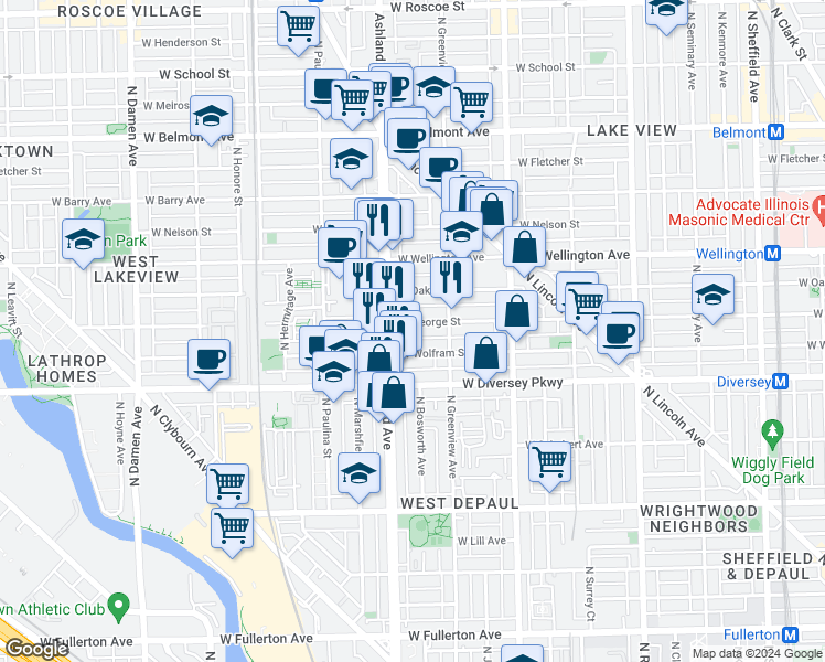 map of restaurants, bars, coffee shops, grocery stores, and more near 1537 West George Street in Chicago