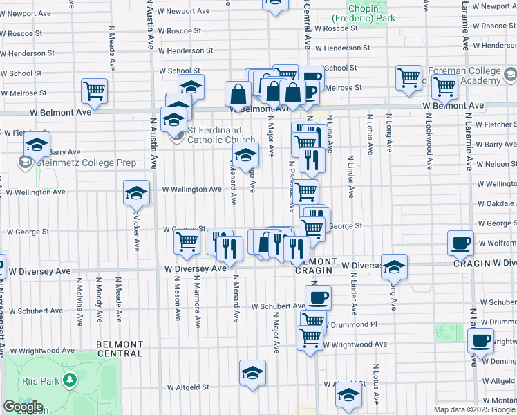 map of restaurants, bars, coffee shops, grocery stores, and more near 2931 North Mango Avenue in Chicago