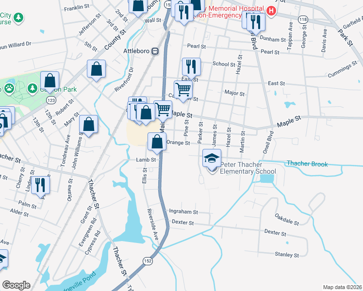 map of restaurants, bars, coffee shops, grocery stores, and more near 21 Orange Street in Attleboro