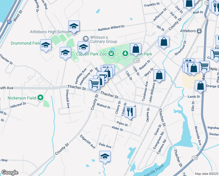 map of restaurants, bars, coffee shops, grocery stores, and more near 31 Lexington Avenue in Attleboro