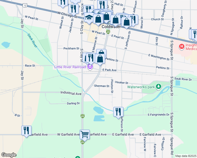 map of restaurants, bars, coffee shops, grocery stores, and more near 16 Conover Street in Coldwater