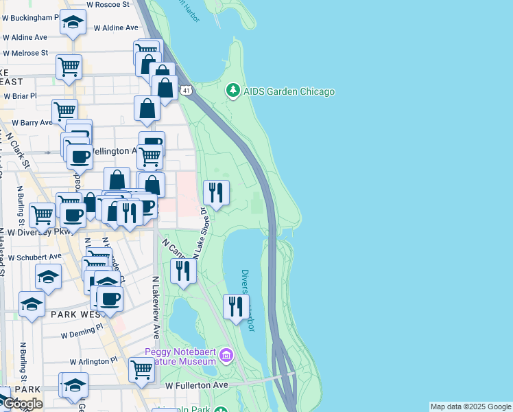 map of restaurants, bars, coffee shops, grocery stores, and more near 140 West Diversey Parkway in Chicago