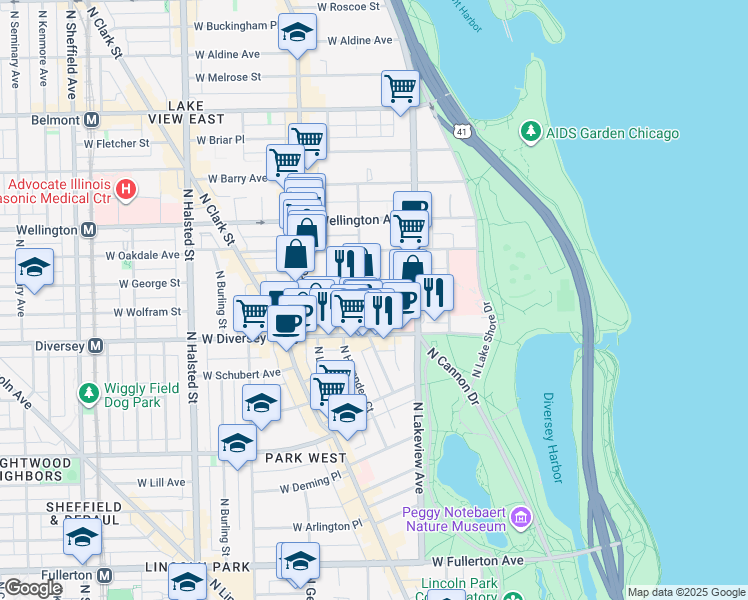 map of restaurants, bars, coffee shops, grocery stores, and more near 429 West Surf Street in Chicago