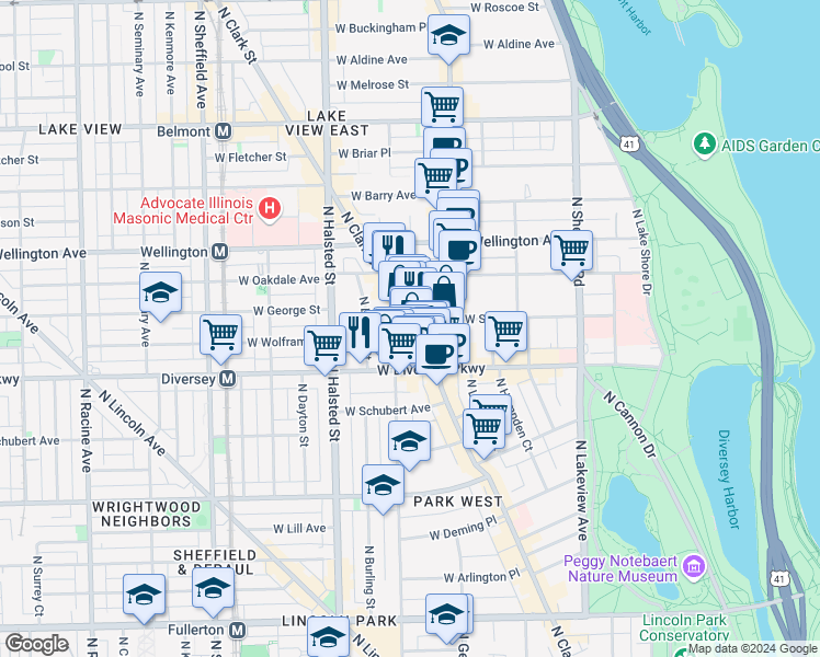 map of restaurants, bars, coffee shops, grocery stores, and more near 2848 North Orchard Street in Chicago