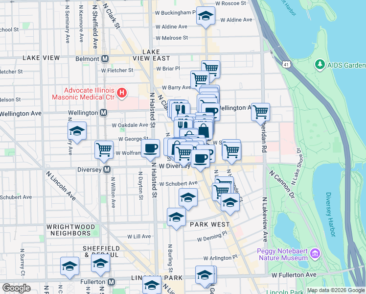 map of restaurants, bars, coffee shops, grocery stores, and more near 2848 North Orchard Street in Chicago
