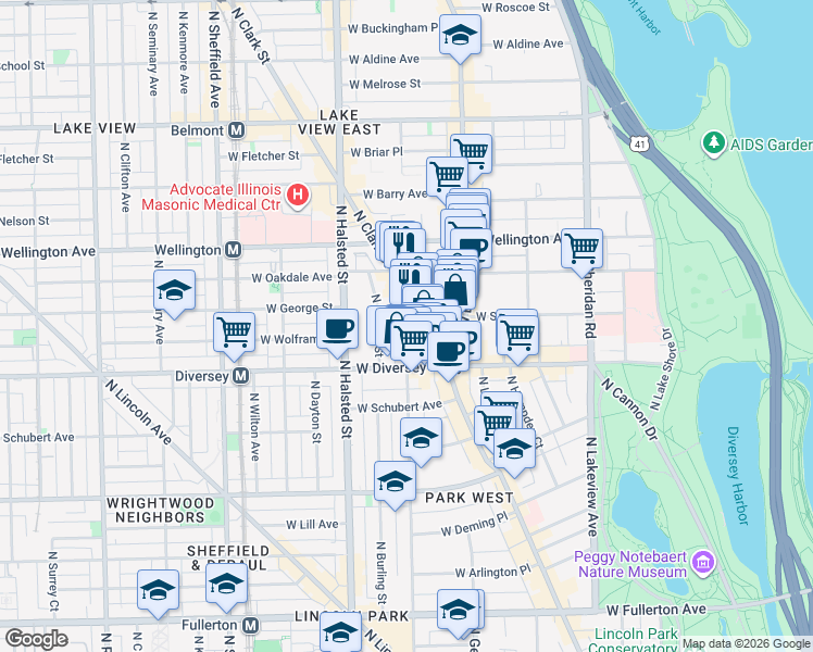 map of restaurants, bars, coffee shops, grocery stores, and more near 2848 North Orchard Street in Chicago