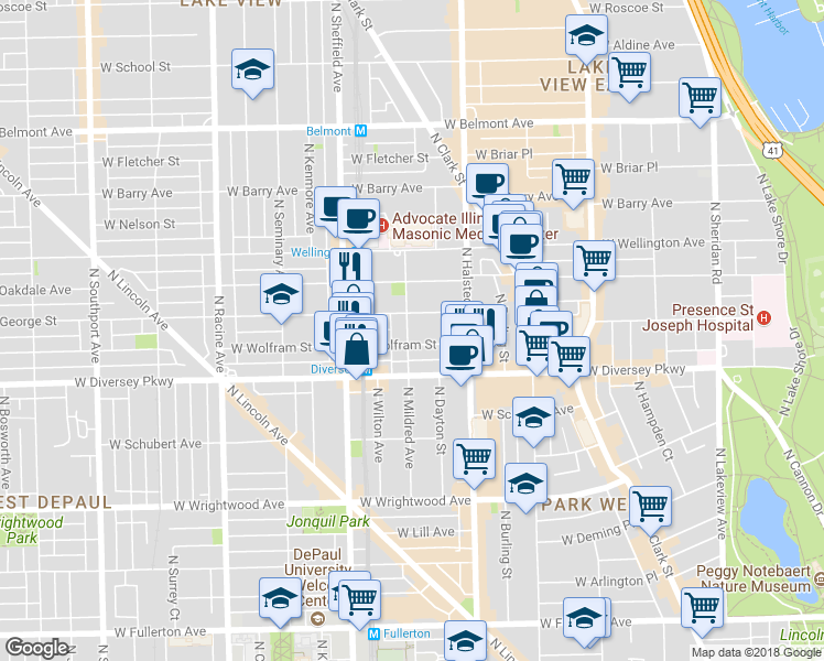 map of restaurants, bars, coffee shops, grocery stores, and more near in Chicago