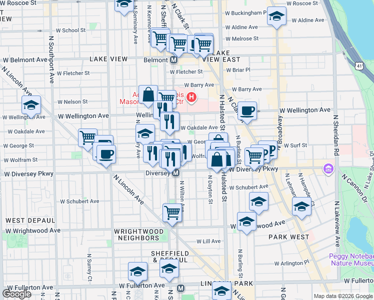 map of restaurants, bars, coffee shops, grocery stores, and more near 924 West Wolfram Street in Chicago