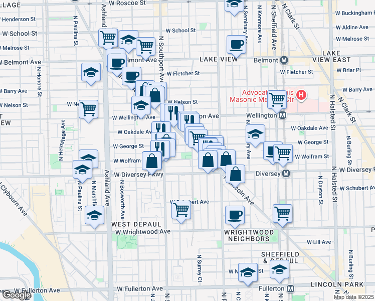 map of restaurants, bars, coffee shops, grocery stores, and more near 1303 West George Street in Chicago