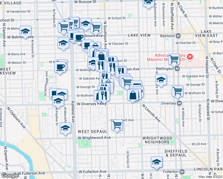 map of restaurants, bars, coffee shops, grocery stores, and more near 1343 West George Street in Chicago