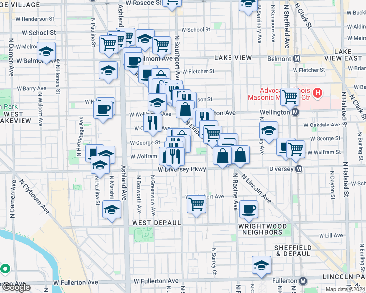 map of restaurants, bars, coffee shops, grocery stores, and more near 1343 West George Street in Chicago