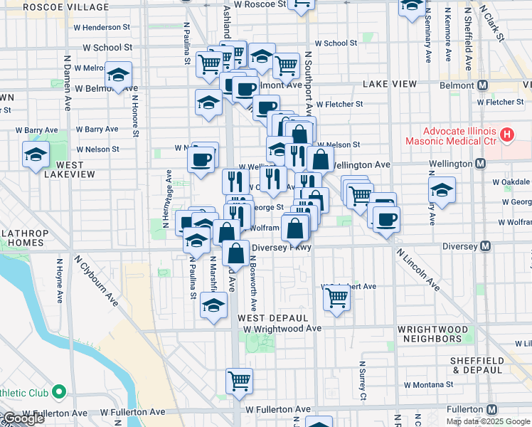 map of restaurants, bars, coffee shops, grocery stores, and more near 2853 North Greenview Avenue in Chicago