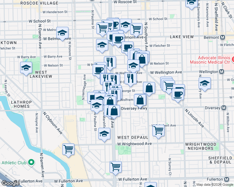 map of restaurants, bars, coffee shops, grocery stores, and more near 1537 West George Street in Chicago