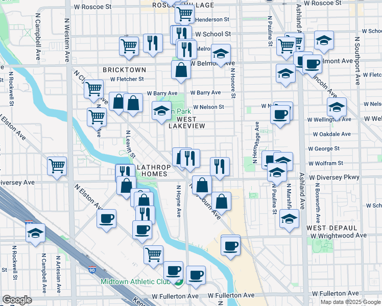 map of restaurants, bars, coffee shops, grocery stores, and more near 2857 North Damen Avenue in Chicago