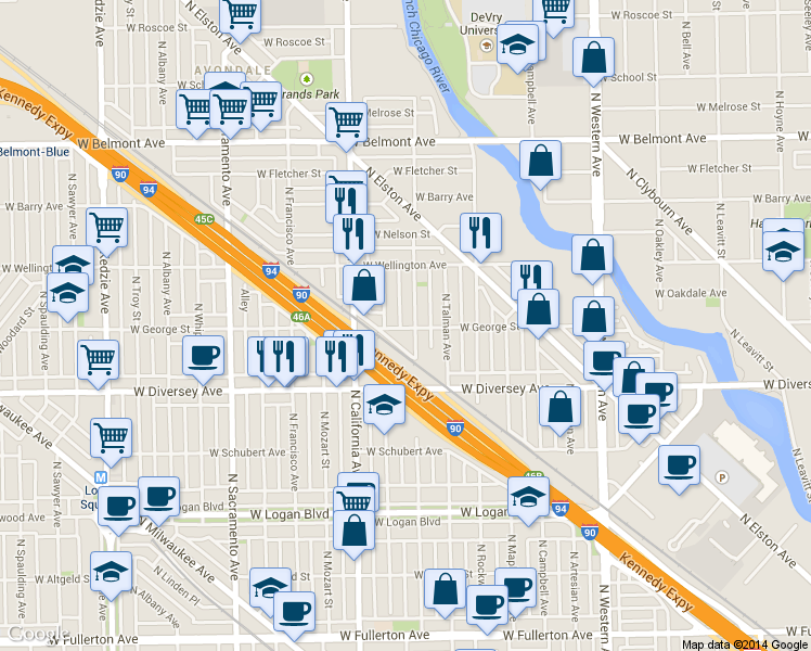 map of restaurants, bars, coffee shops, grocery stores, and more near 2901 North Fairfield Avenue in Chicago