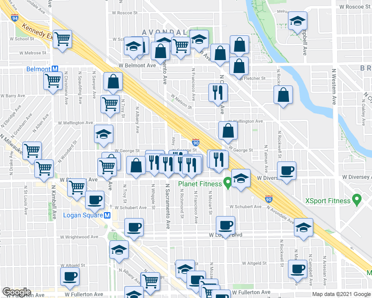 map of restaurants, bars, coffee shops, grocery stores, and more near 2910 West George Street in Chicago