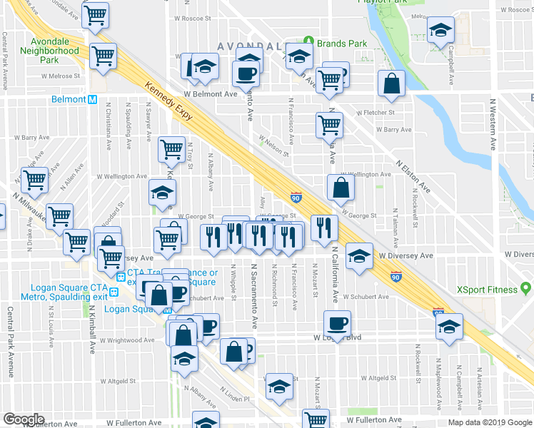 map of restaurants, bars, coffee shops, grocery stores, and more near 2900 North Richmond Street in Chicago