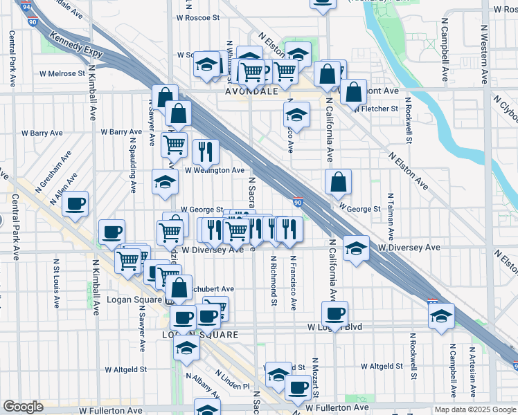 map of restaurants, bars, coffee shops, grocery stores, and more near 2900 North Richmond Street in Chicago