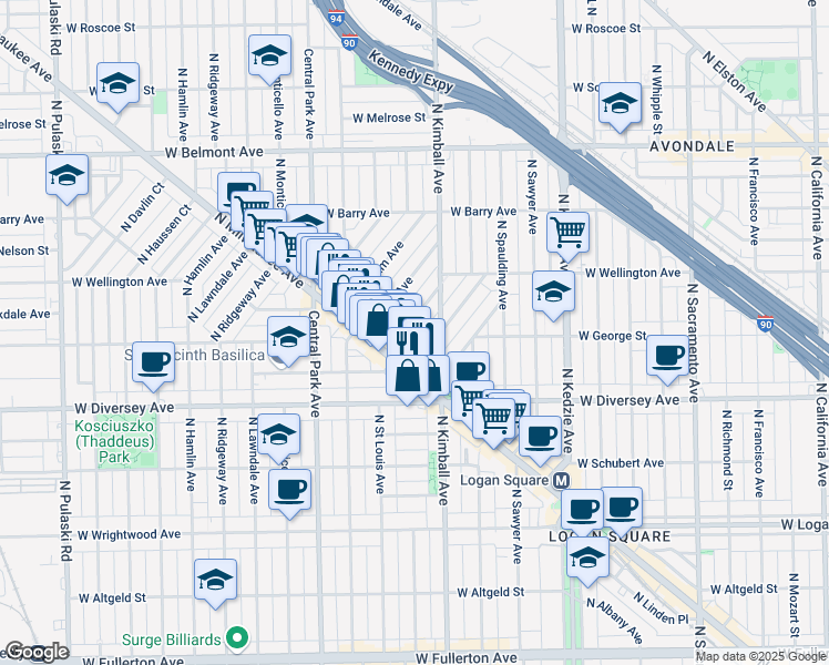 map of restaurants, bars, coffee shops, grocery stores, and more near 2922 North Wisner Avenue in Chicago