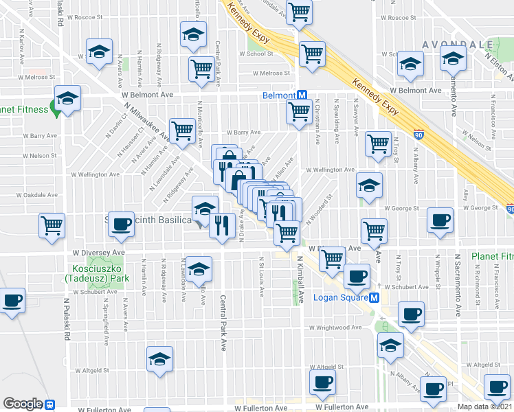map of restaurants, bars, coffee shops, grocery stores, and more near 2931 North Milwaukee Avenue in Chicago