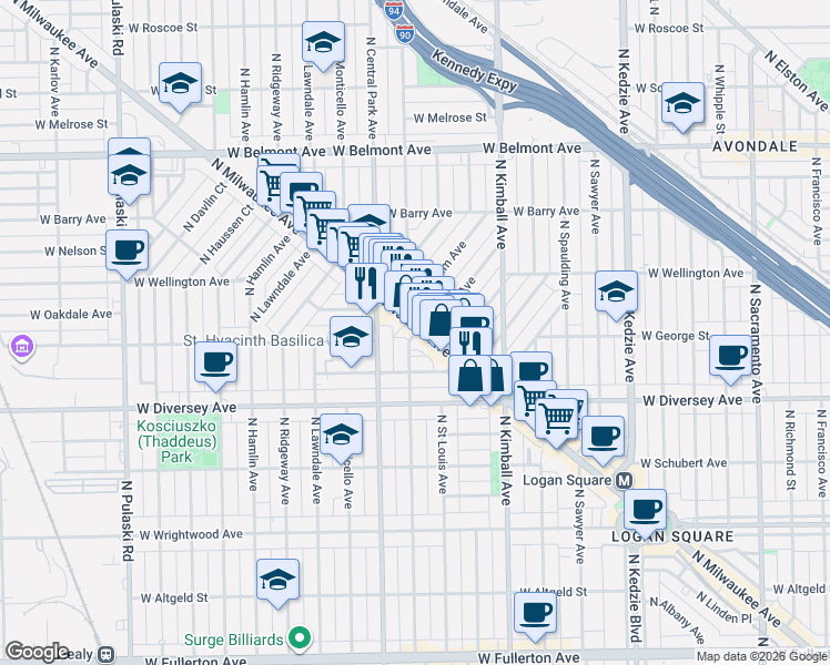 map of restaurants, bars, coffee shops, grocery stores, and more near 2931 North Milwaukee Avenue in Chicago