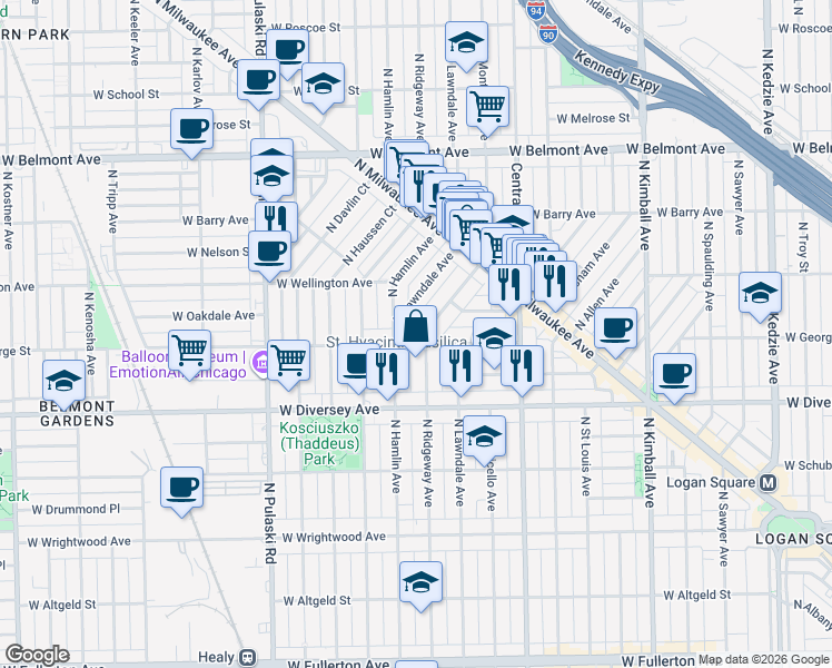map of restaurants, bars, coffee shops, grocery stores, and more near 2902 North Ridgeway Avenue in Chicago