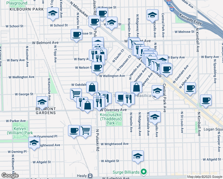 map of restaurants, bars, coffee shops, grocery stores, and more near 2907 North Springfield Avenue in Chicago