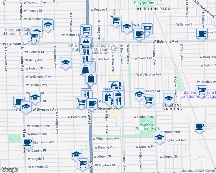 map of restaurants, bars, coffee shops, grocery stores, and more near 2919 North Kilpatrick Avenue in Chicago