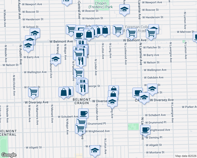 map of restaurants, bars, coffee shops, grocery stores, and more near 2925 North Linder Avenue in Chicago